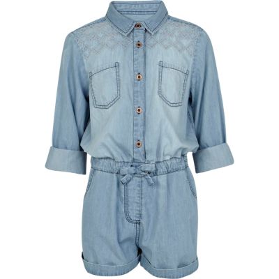 Girls blue denim shirt playsuit