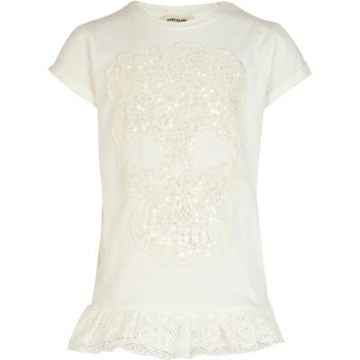 Girls cream skull embellished frill top