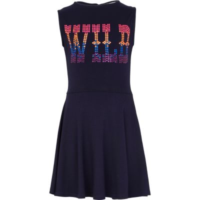 Girls navy wild studded dress