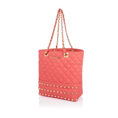 Girls coral stud quilted shopper bag