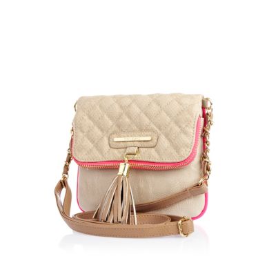Girls beige quilted fold over bag