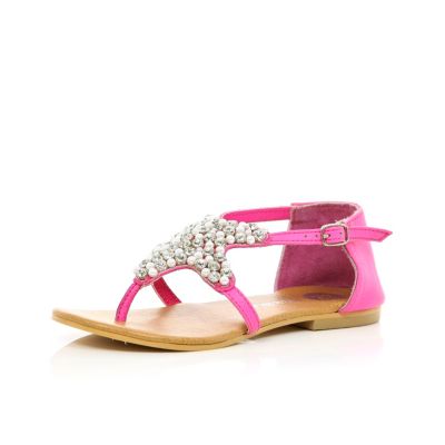 Girls bright pink diamante star sandals
