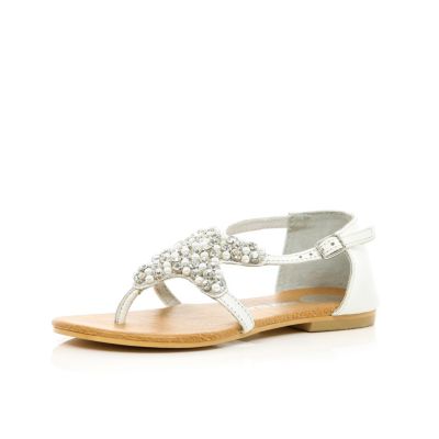 Girls white diamante star sandals