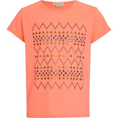 Girls coral aztec embellished t-shirt