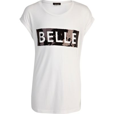 Girls white belle sequin t-shirt