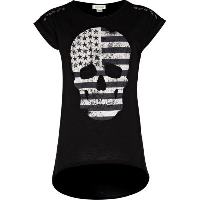 Girls black American skull studded t-shirt