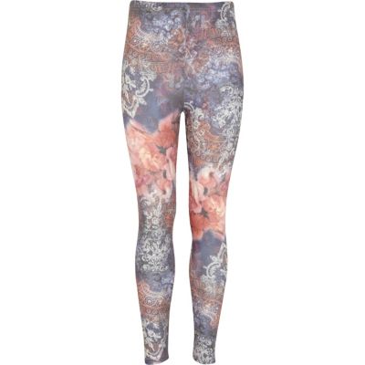 Girls purple floral print denim look leggings