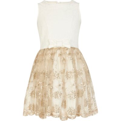 Girls cream mesh lace prom dress