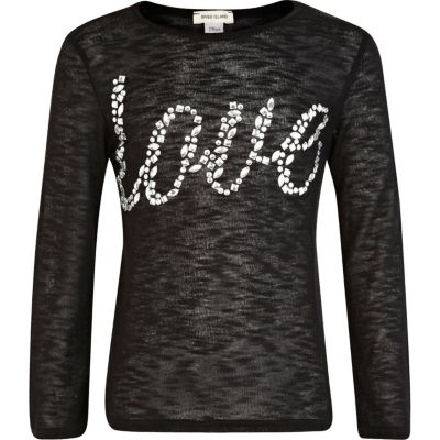Girls black love embellished top.