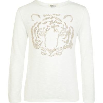 Girls white tiger embellished top