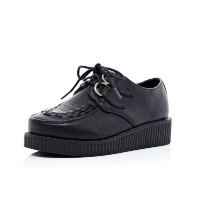 Girls black leather look creepers