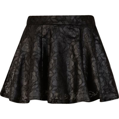 Girls black wet look skater skirt