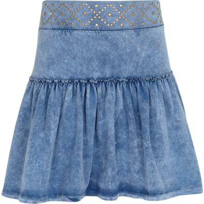 Girls blue denim look studded rara skirt