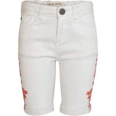 Girls white aztec long denim shorts