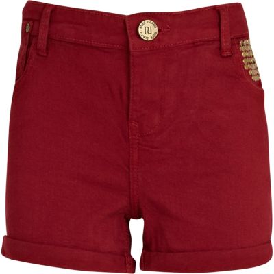 Girls dark red studded shorts