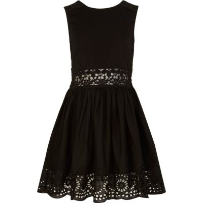 Girls black lace insert sun dress