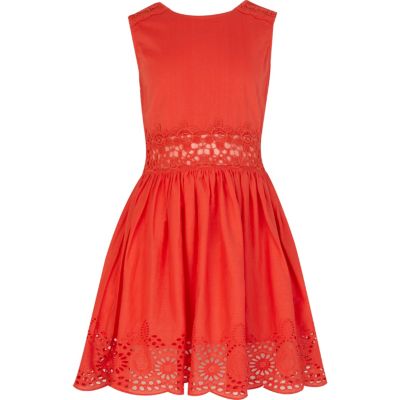 Girls red lace insert sun dress