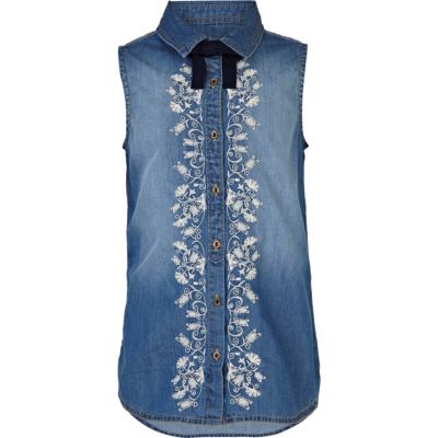 Girls mid wash denim embroidered shirt