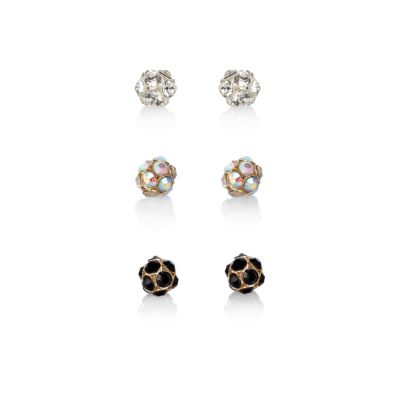Girls gold three pack crystal ball earrings