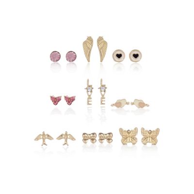 Girls gold tone pretty nine pack earrings