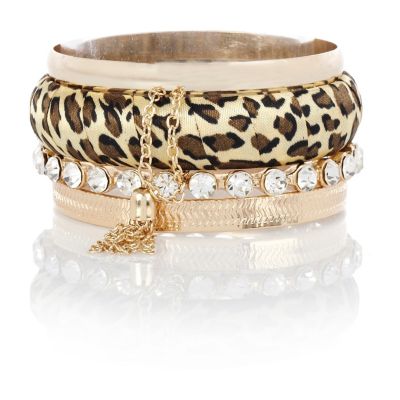 Girls gold tone leopard bangle pack