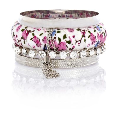 Girls silver tone floral bangle pack