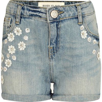 Girls light blue crochet denim shorts