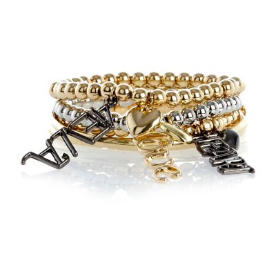 Girls gold tone word charm bracelet pack