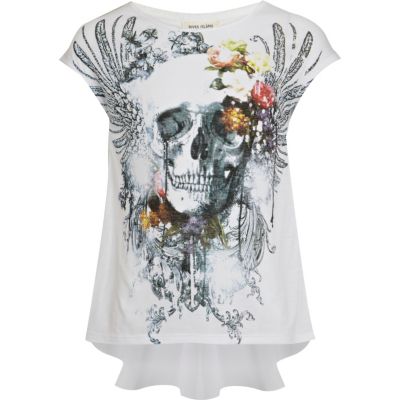 Girls white skull and wings print t-shirt