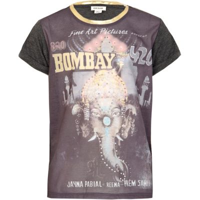 Girls grey embellished elephant t-shirt