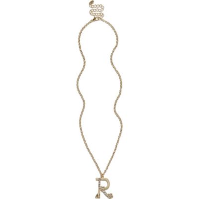 Girls gold tone diamante R necklace