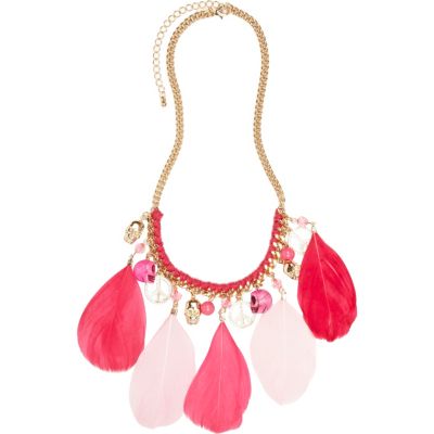 Girls pink feather charm necklace