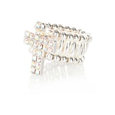 Girls silver tone diamante cross ring