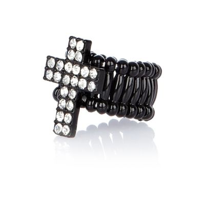 Girls black diamante cross ring