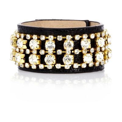 Girls black diamante leather look cuff