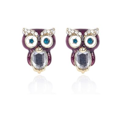 Girls purple diamante owl earrings