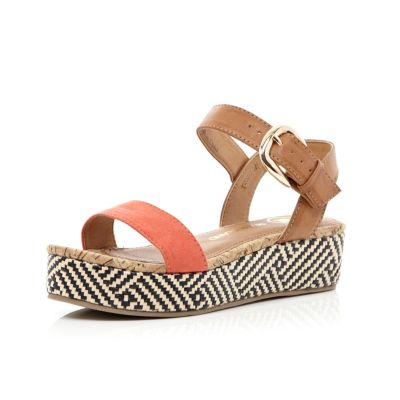 Girls coral aztec weave flatforms