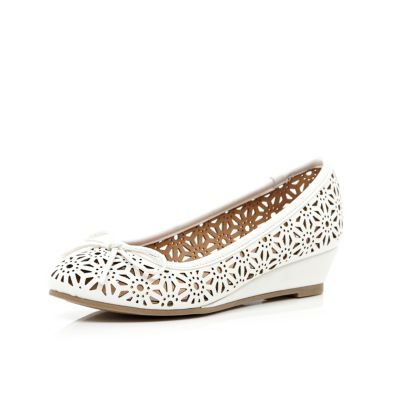 Girls white laser cut ballerina wedges