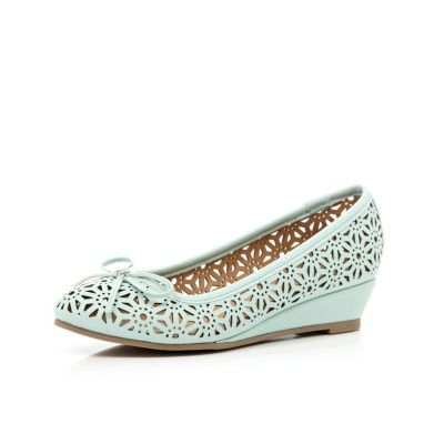 Girls green laser cut ballerina wedges