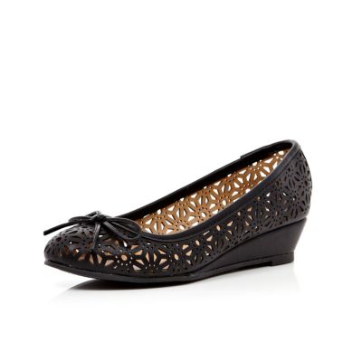 Girls black laser cut ballerina wedges