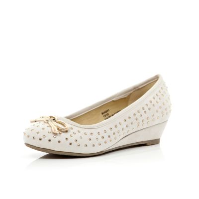 Girls cream studded ballerina wedges
