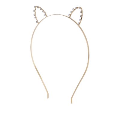 Girls gold tone diamante bear alice band