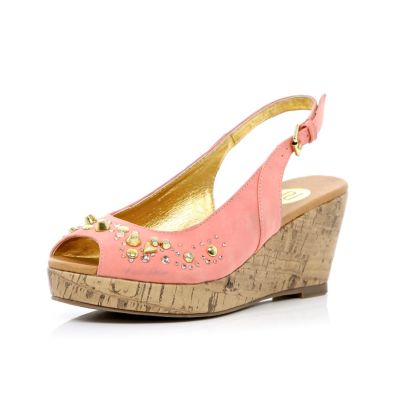 Girls coral studded sling back wedges