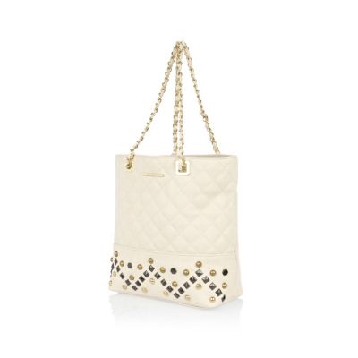 Girls cream zig zag studded shopper bag