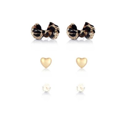 Girls brown leopard three pack earrings