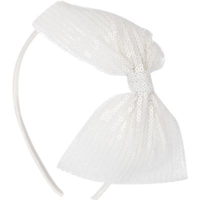 Girls white sequin bow alice band