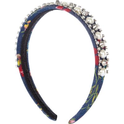 Girls blue denim diamante alice band