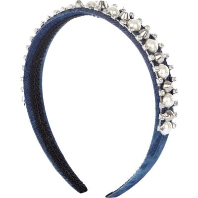 Girls blue denim floral diamante alice band