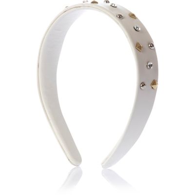 Girls white studded leather look alice band