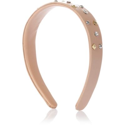Girls pink leather look studded alice band